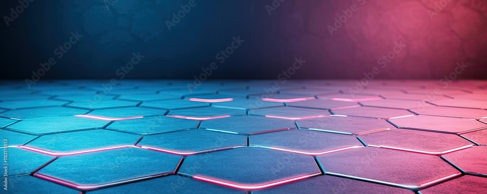 Poster Floor abstract background concept. Futuristic hexagonal pattern illuminated with blue and pink neon lights.
