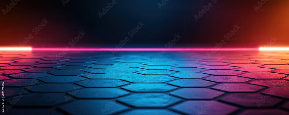 Poster Floor abstract background concept. Futuristic hexagonal pattern with colorful neon lights in a dark atmosphere.