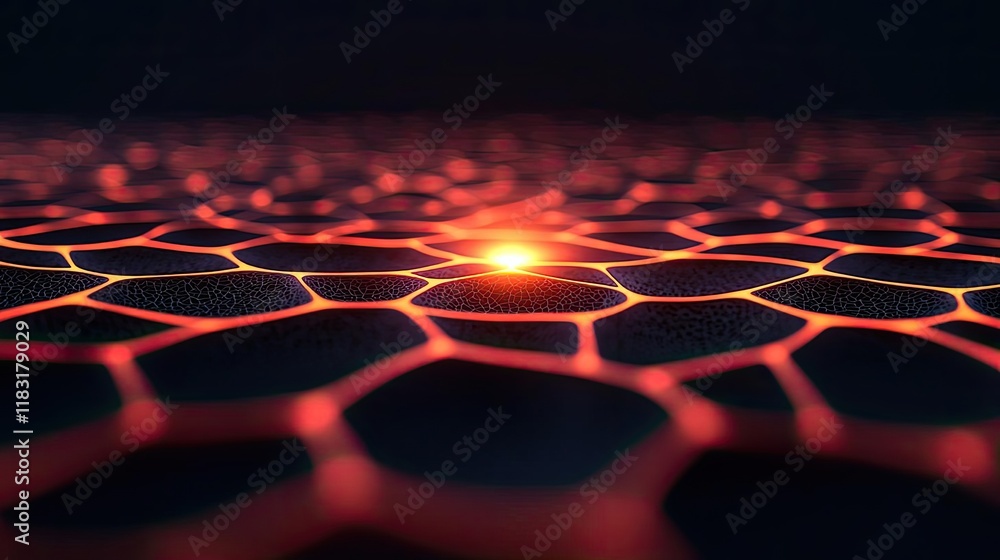 Poster Fire abstract background concept. Abstract close-up of glowing hexagonal pattern with vibrant orange and black hues.