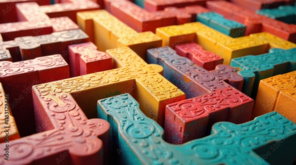 Aufkleber Intricate Colorful Blocks Forming a Complex Maze Pattern