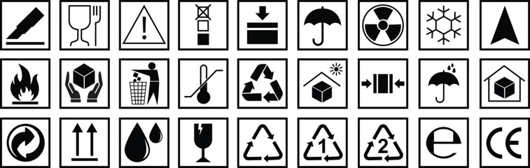 Handling and packing symbols icon set including fragile, recycle and caution signs. Packing symbol for cardboard boxes. Delivery shipping labels. Packaging signs isolated on transparent background.
