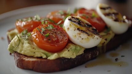 Delicious Avocado Toast with Grilled Halved Eggs and Tomatoes