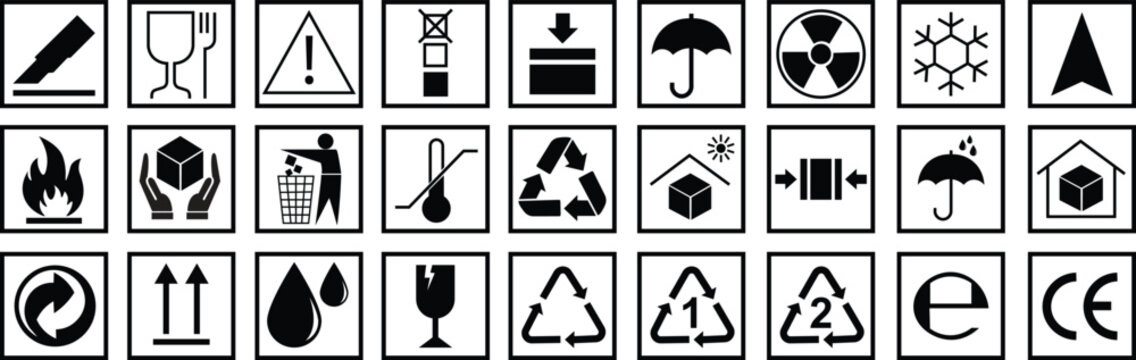 Handling and packing symbols icon set including fragile, recycle and caution signs. Packing symbol for cardboard boxes. Delivery shipping labels. Packaging signs isolated on transparent background.