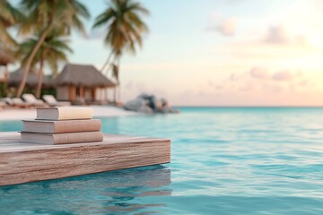 Obraz premium Tropical Beach Reads: Books on Wooden Dock - Minimalism