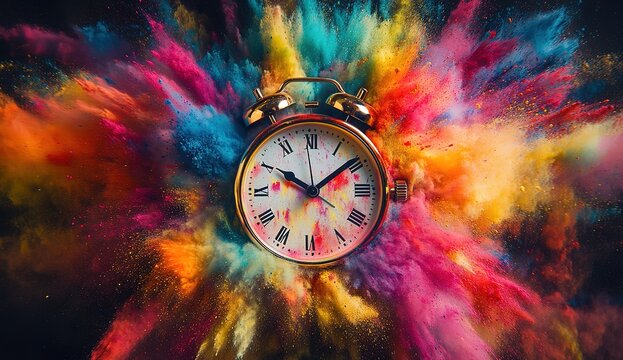 A clock with a colorful powder explosion, a time concept background. A close-up of an alarm watch surrounded by exploding paint and dust in bright colors. That is blend of vibrant hues and intricate.