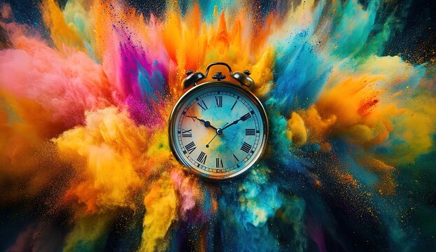 A clock with a colorful powder explosion, a time concept background. A close-up of an alarm watch surrounded by exploding paint and dust in bright colors. That is blend of vibrant hues and intricate.