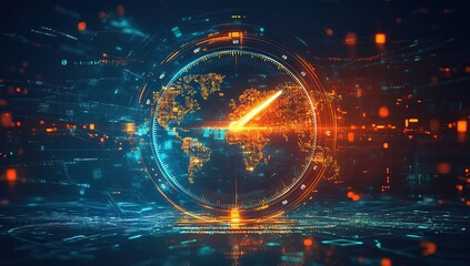 A futuristic clock with digital numbers and glowing lights, surrounded by holographic images of world maps and data streams. The background is dark blue with orange highlights.