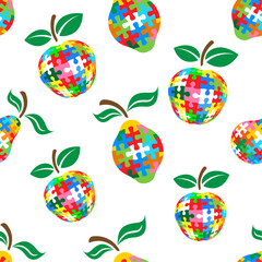 Colorful seamless fruit puzzle pattern on a white background vector.
