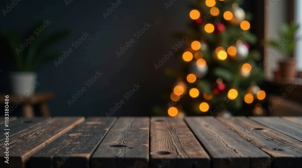 Poster rustic wooden table in front of a blurred festive christmas tree background