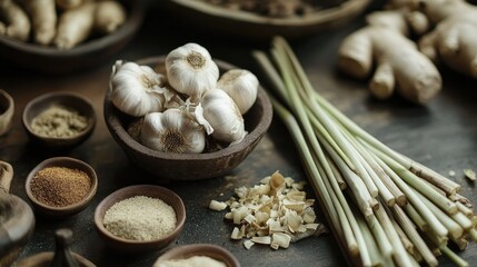 Fototapeta premium A close-up of garlic, ginger, and lemongrass, along with small bowls filled with aromatic spices like coriander and cumin.