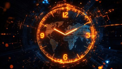 A futuristic clock with digital numbers and glowing lights, surrounded by holographic images of world maps and data streams. The background is dark blue with orange highlights.