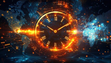 A futuristic clock with digital numbers and glowing lights, surrounded by holographic images of world maps and data streams. The background is dark blue with orange highlights.