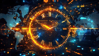 A futuristic clock with digital numbers and glowing lights, surrounded by holographic images of world maps and data streams. The background is dark blue with orange highlights.