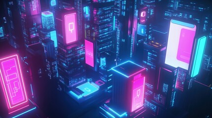 Neon Cityscape Digital Interface Futuristic Buildings