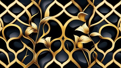 Golden Floral Design on a Black Lattice Background