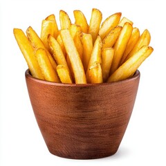 A photostock of crispy golden fries served in a rustic container, neatly arranged on a clean white surface, perfect for snack and comfort food themes. High Quality