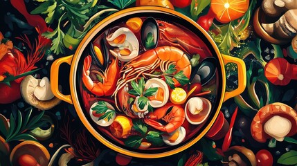 Naklejka premium A colorful and hot simmering pot of broth filled with fresh seafood, vegetables, and mushrooms, perfect for sharing.