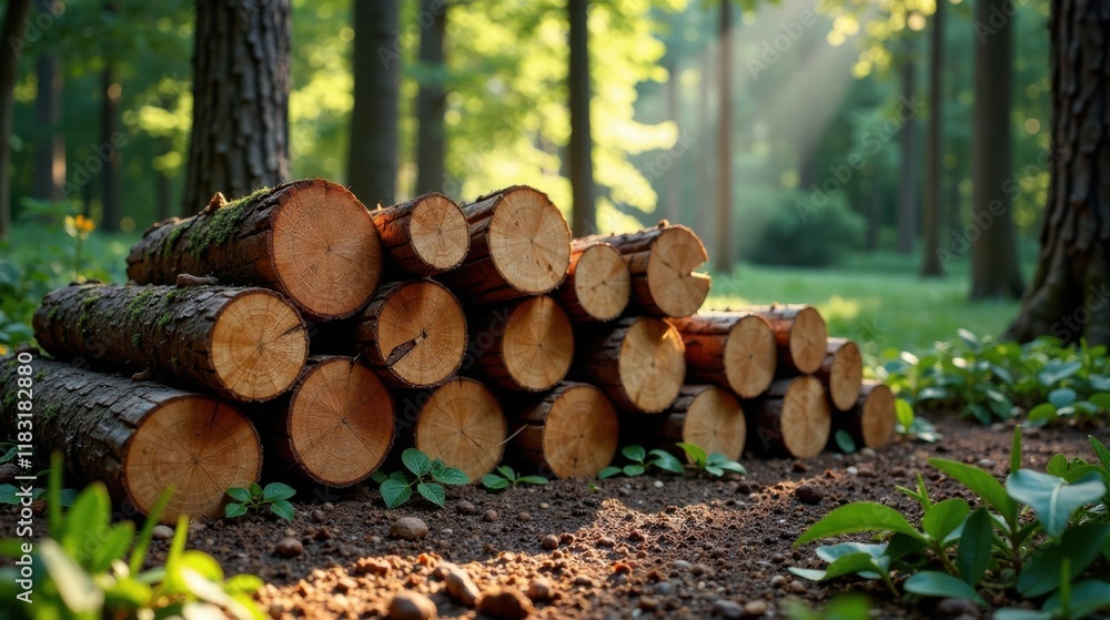 Aufkleber Sunlight illuminates a stack of neatly arranged logs in a tranquil forest setting