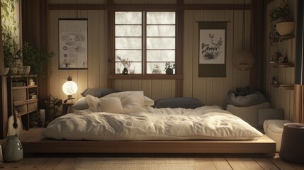 A cozy, minimalist bedroom with a platform bed, soft bedding, and subtle wall decorations in a calming color palette.