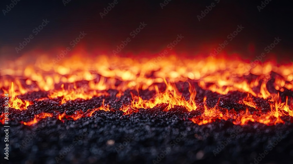 Poster Fire abstract background concept. Close-up view of glowing lava flow, showcasing vibrant colors and dynamic movement.