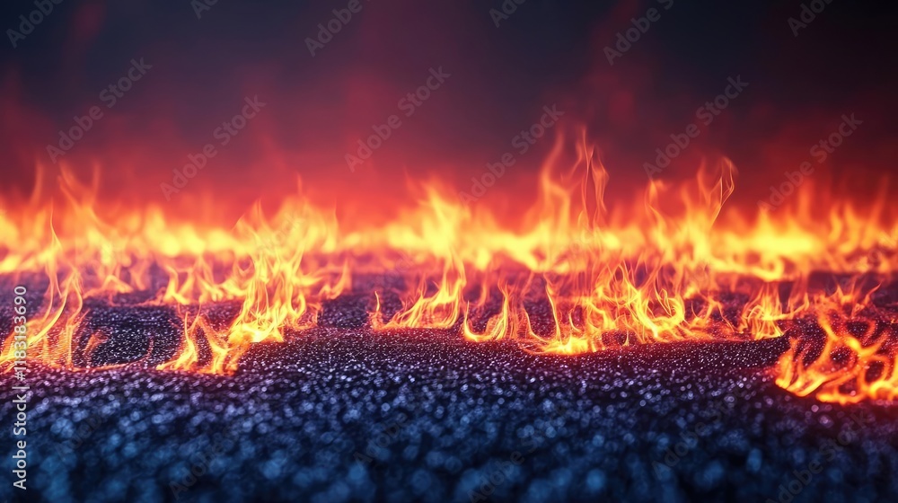 Poster Fire abstract background concept. Dynamic and vibrant flames dancing over a dark, rocky surface in a fiery display.