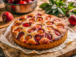 Tasty Homemade Dimply Plum Cake. Delicious Food background