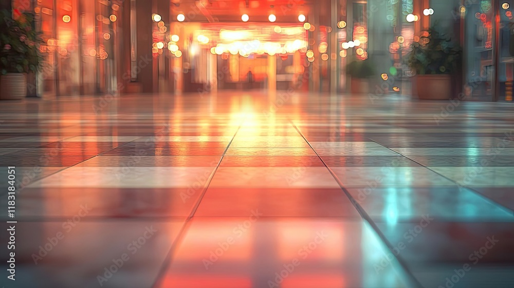 Poster Floor abstract background concept. A vibrant shopping arcade with colorful lights illuminating the polished floor.