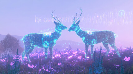 Two futuristic glowing deer locked in a gentle stance, one in pastel shades of lavender and cream and the other in soft mint and silver, surrounded by a luminous