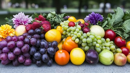 Vibrant Colorful Fruit and Flower Still Life Display