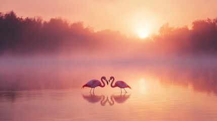 Misty lake at sunset with two flamingos creating a heart shape, bathed in romantic pink and golden hues of the fading light