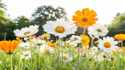 Obraz premium Vibrant Cosmos Flowers in Sunny Meadow Field