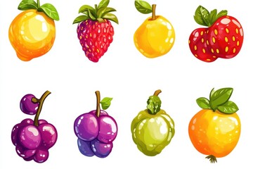 Colorful fruit illustrations, white background, digital art, food design