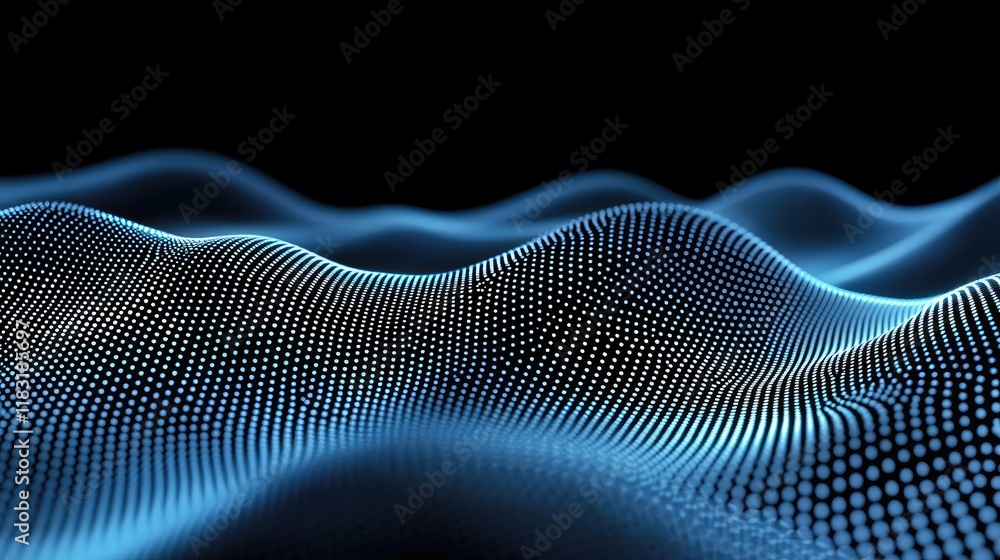 Poster Dots abstract background idea. Abstract digital waves with a blue glowing effect on a black background.