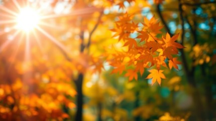 Fototapeta premium Futuristic sci-fi styled image of autumnal maple trees in a park. Electric vivid colors, advanced technology, space elements, bokeh background, copyspace
