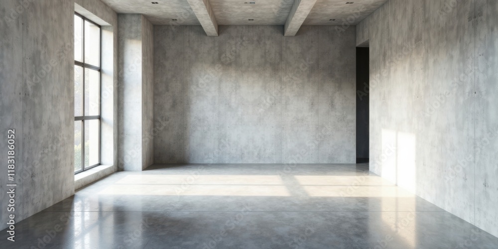 Poster Spacious Empty Room with Polished Concrete Floor and Large Window