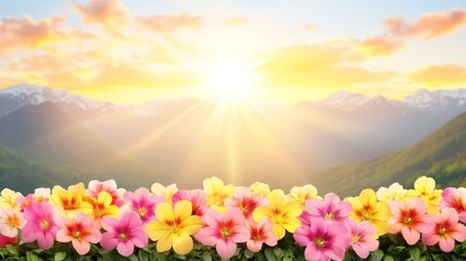 Vibrant Flowers at Sunrise Mountain Panorama