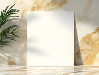 Minimalist design of blank paper on marble background with greenery