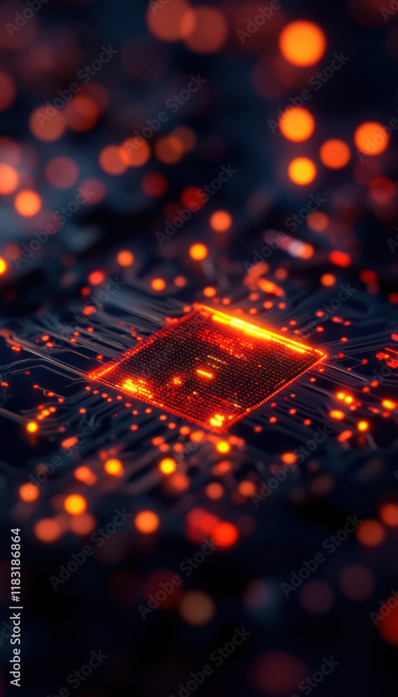 Poster close-up of a glowing microchip on a dark circuit board.