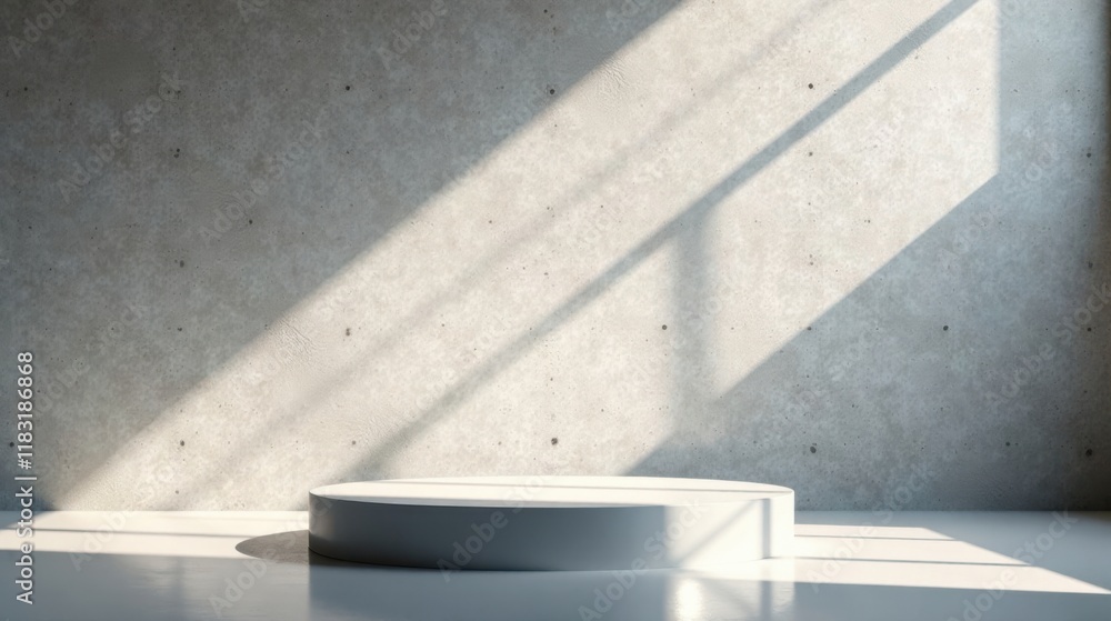 Poster empty cylindrical display platform in sunlit room with concrete wall