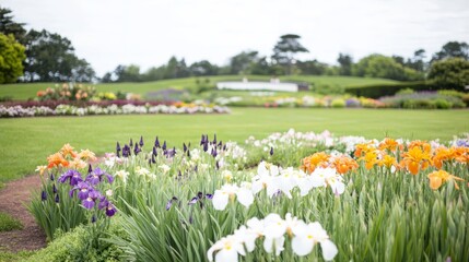 Vibrant Iris Garden in Summer Bloom, Lush Green Landscape