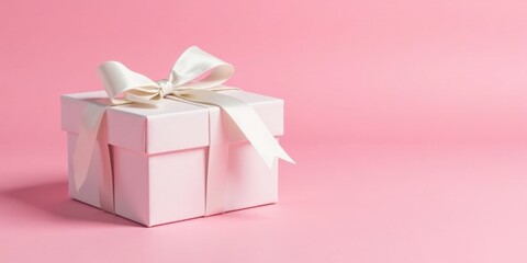 Fototapeta premium A delicately wrapped present, a pristine white gift box adorned with a soft ivory ribbon, sits on a pale pink background.