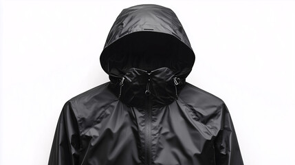 black waterproof rain jacket with hood isolated on white background, perfect for all weather wear