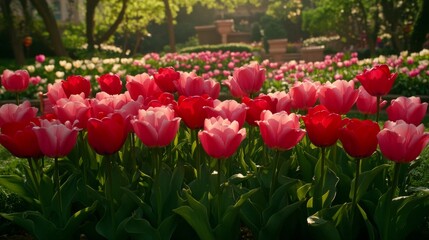 Vibrant Pink and Red Tulips Blooming in Garden Setting
