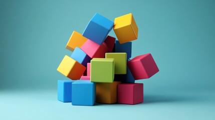 Obraz premium Colorful Cubes Abstract Composition: A vibrant 3D rendering of multicolored blocks playfully piled together, suggesting concepts of creativity, design, and dynamic energy.