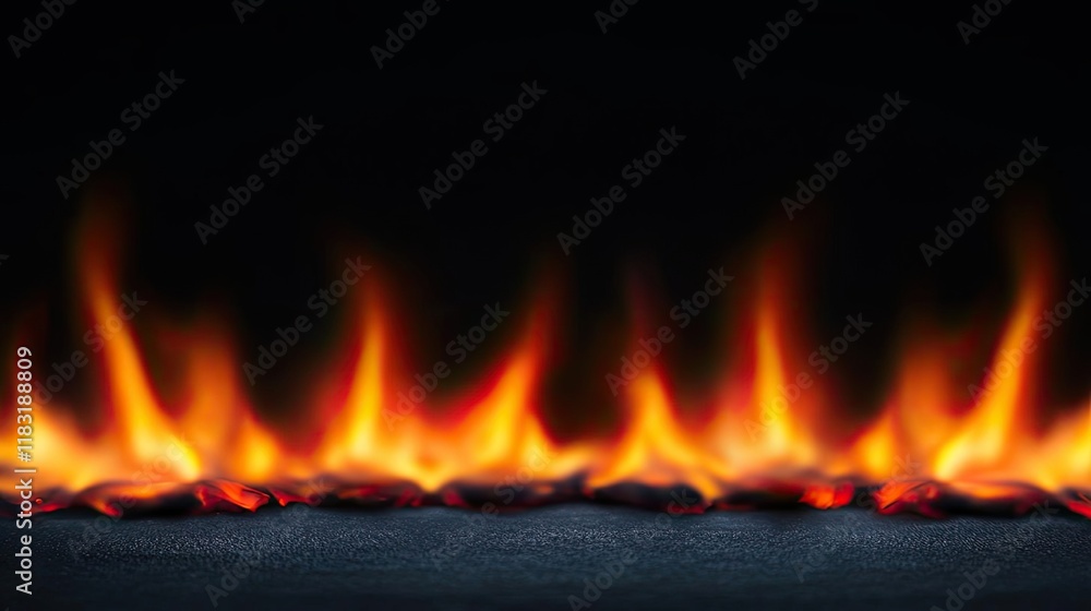 Poster Fire abstract background concept. A vibrant display of flames flickering against a dark background, creating a warm atmosphere.