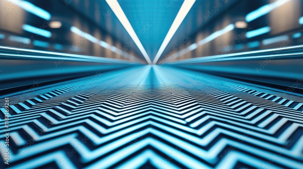 Poster Floor abstract background concept. Futuristic perspective with blue lights illuminating a patterned floor.