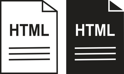 HTML icon set. HTML file type symbol. File HTML format icon in black filled and outlined style isolated on transparent background. Ideal for technology or data related content, vector illustration.