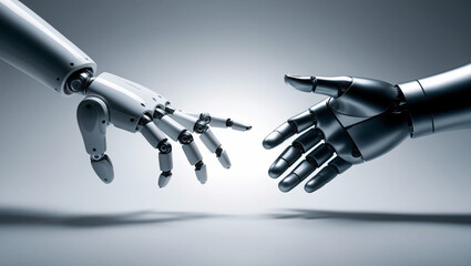 Robot Hand and Human Hand Reaching Each Other, Symbolizing Unity