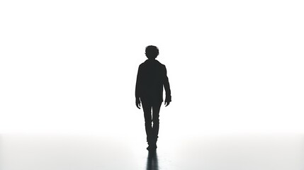 A rear view of a person walking confidently away, their silhouette sharply defined against a white background. 8k UHD, suitable for high-quality printing or digital display. 