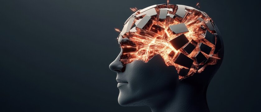 Abstract Head Exploding with Sparks, Concept of Mental Breakthrough or Innovation